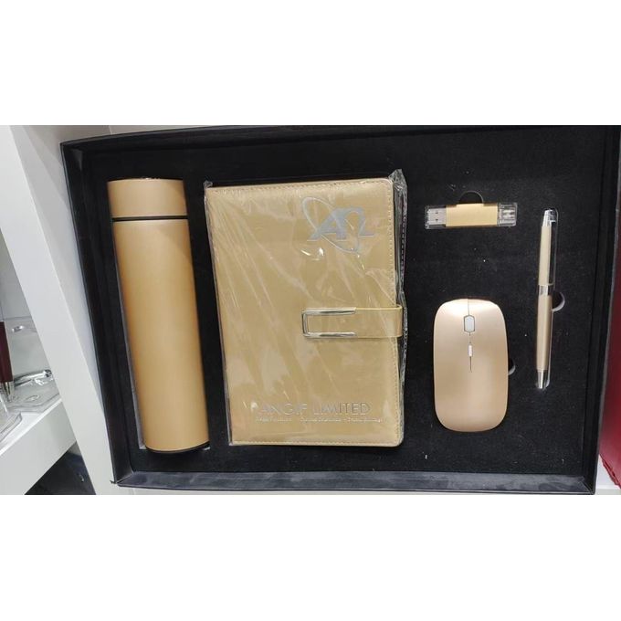 5-in-1 Premium Executive Corporate Gift Set: Flask, Notebook, Mouse, USB Drive and Pen