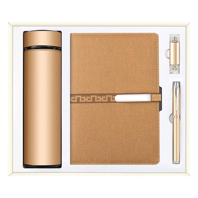 4-in-1 Executive Gift Set: A5 Leather Notebook, Vacuum Flask, Metal Pen and USB Drive