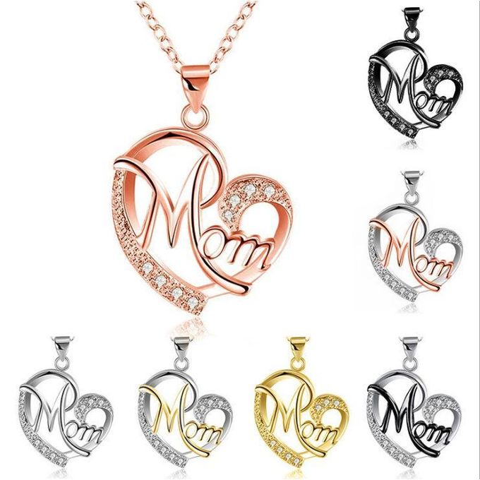 Mom Letter Love Heart Pendant Necklace, Rhinestone